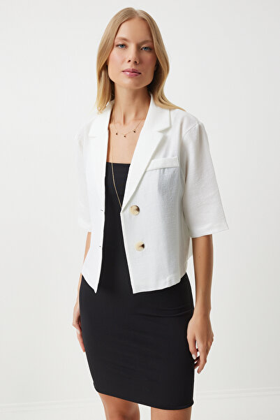 Happiness İstanbul Biała lniana marynarka koszulowa - szalowy kołnierz, sezonowa DD01327