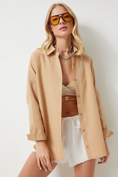 Happiness İstanbul Dámská oversize dlouhá košile velbloudí barvy - MX00167
