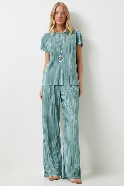 Happiness İstanbul Bequemes Set aus plissierter Bluse und Hose in Wassergrün - MC00283