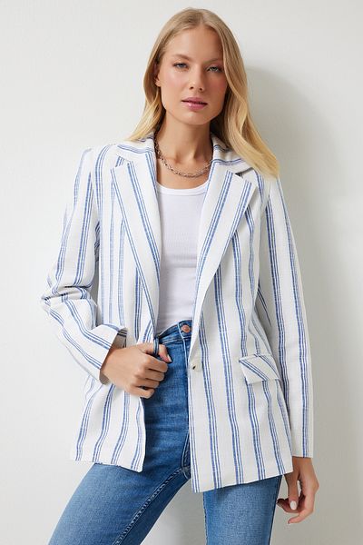 Happiness İstanbul Ecru-blau gestreifte Blazerjacke aus Leinen – wattiert GP00006