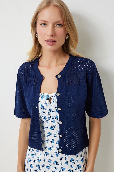 Happiness İstanbul Marineblauer durchbrochener Damen-Strick-Saison-Cardigan - OW00045