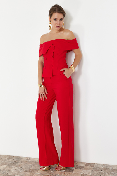 Trendyol Collection Red Woven Stylish Top and Bottom Set TPRSS24AU00000