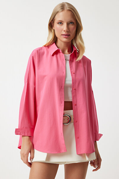Happiness İstanbul Kadın Pembe Oversize Uzun Basic Gömlek MX00167