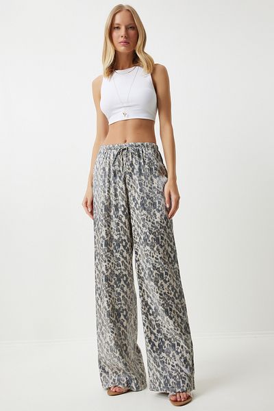 Happiness İstanbul Gray Cream Leopard Patterned Women's Palazzo Trousers - PB00028