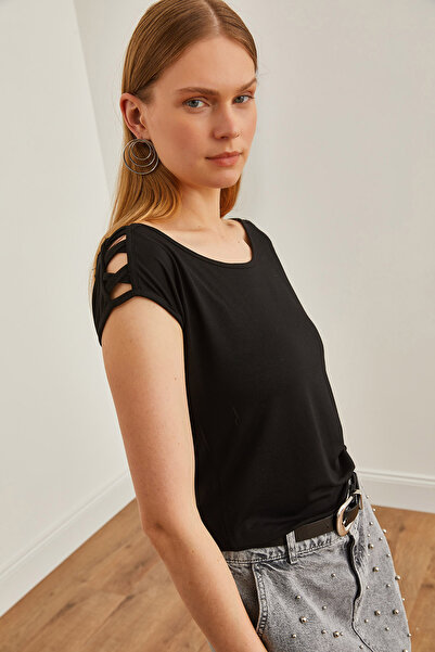 Olalook Μαύρη πλεκτή μπλούζα βισκόζης - Λεπτομέρεια Cross Piping, BLZ-19002658