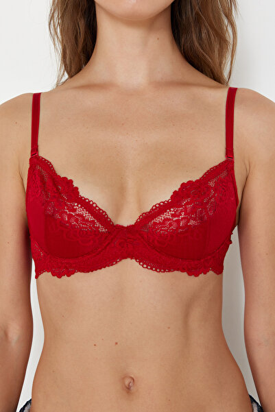 Trendyol Collection Vínová krajková Demi nevycpaná pletená podprsenka Thmss24Su00030