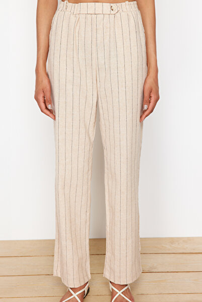 Trendyol Collection Beige Straight Cut Linen Blend Trousers - TWOSS24PL00179