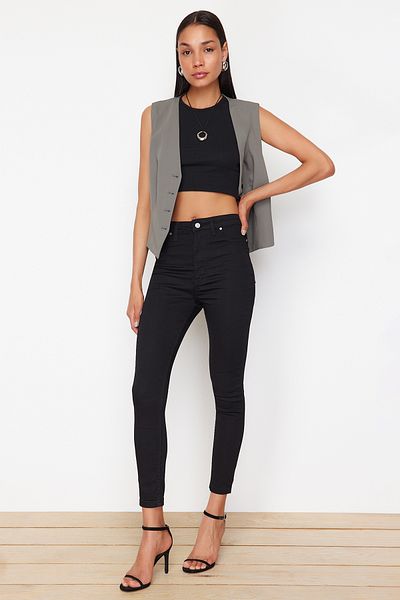 Trendyol Collection Скінні штани з високою талією, що розтягуються, чорні ткані TWOSS24PL00171