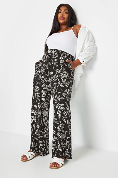 Stil Diva Large Size Elastic Waisted Patterned Wide Leg Pants with Pockets143752