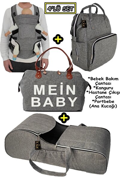 USF Portbebe Ana Kucağı + Bebek Bakım Çantası + Bebek Taşıma Kanguru + Hastane Çıkış Çantası-gri