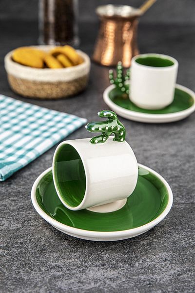 Doreline Cactus Handmade Turkish Coffee, Espresso Cup Green 2 Pieces, Gift 2 Cup