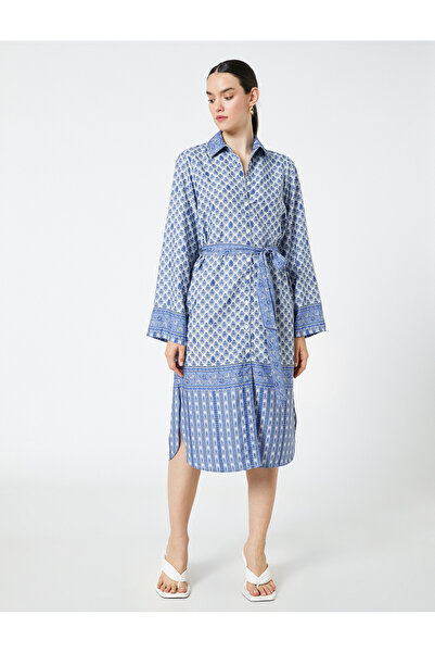 Koton Geleneksel Motifli Gömlek Elbise Kuşaklı Midi Boy