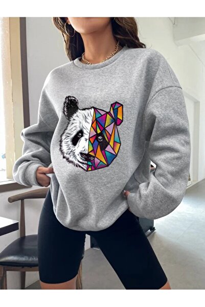 LAND MODA Hanorac cu imprimeu panda gri