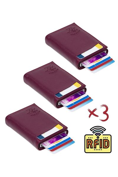 Newish Adelina Leather Mechanism Card Holder Wallet with Automatic Slide 3 Pieces