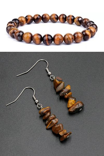 Kusakli Women's Bracelet and Earring Set - Tiger Eye