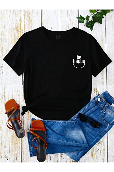 Boi تي شيرت Be Happy كبير الحجم - جيب مطبوع، مقاس واسع، قطن فضفاض فضفاض - نسا...