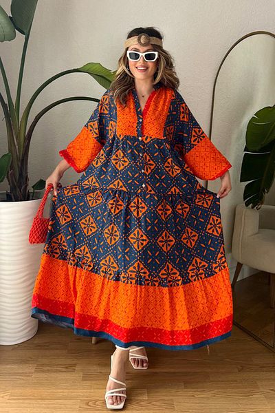 AYASOFYA OTANTIK Orange Navy Blue Ethnic Patterned Placket Collar Buttoned Balloon Sleeve Long Women's Dress