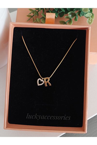 LUCKY ACCESSORIES Çelik Zincir Altın Kapama Harf Ve Zirkon Kalp Kolye R Harfi