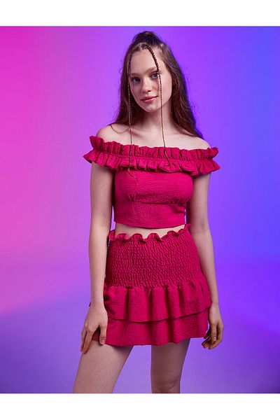 Koton Madonna Neck Blouse Off Shoulder Crop Gathered