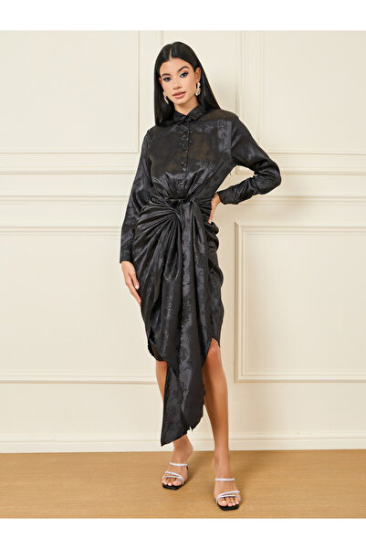 Styli Satin Jacquard Print Tie Up Detail Shirt Midi Dress