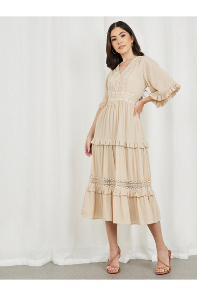 Styli Crepe Mesh Insert Frill Detail Tiered Midi Dress