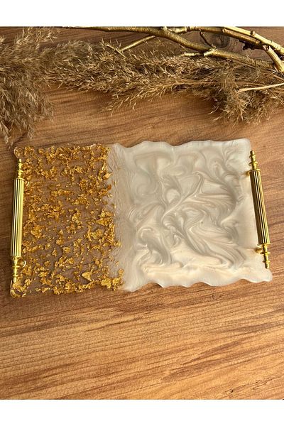 Sultan Tasarım Gold Leaf Rectangular Wavy Patterned Promise Engagement Groom Epoxy Presentation Tray for Two