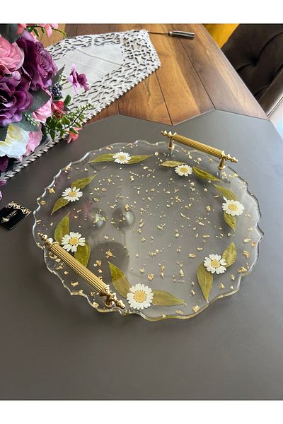 Sultan Tasarım Real Daisy Floral Epoxy Tray