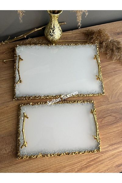 Sultan Tasarım Gold Leaf Wavy Two Size Promise Engagement Groom Epoxy Presentation Tray Set