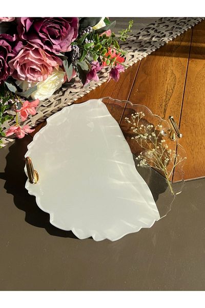 Sultan Tasarım Real Dried Flower Round Wavy Patterned Promise Engagement Groom Epoxy Tray for Two - 26 Cm