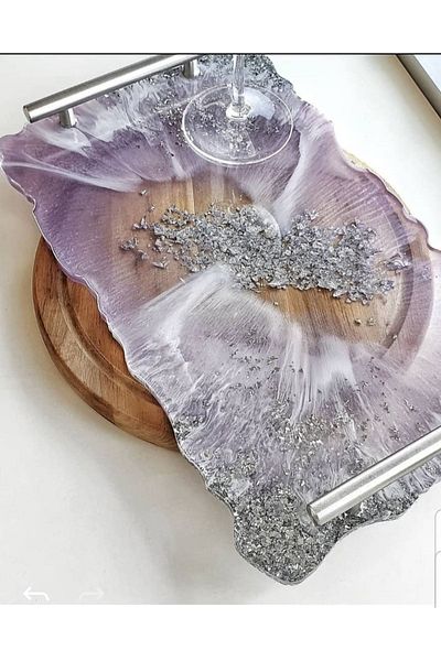Sultan Tasarım Silver Leaf Rectangular Wavy Patterned Promise Engagement Groom Epoxy Presentation Tray for Two