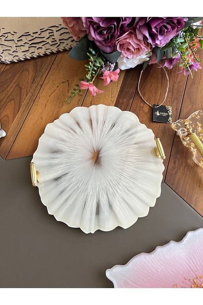 Sultan Tasarım Round Wavy Patterned Epoxy Tray for Two - Promise Engagement Groom - 26 Cm Diameter