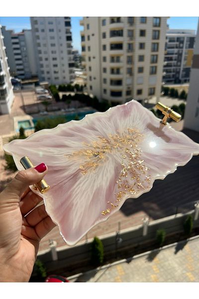 Sultan Tasarım Gold Leaf Rectangular Wavy Patterned Promise Engagement Groom Epoxy Presentation Tray for Two
