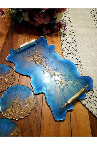 Sultan Tasarım Large Size Gold Leaf Wavy Patterned Promise Engagement Groom Epoxy Tray Coaster Set