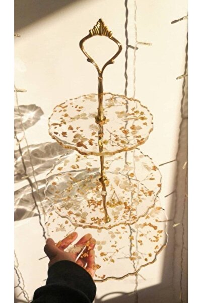 Sultan Tasarım Three Tier Gold Gilded Real Flowers Presentation Fruit Cookie Holder