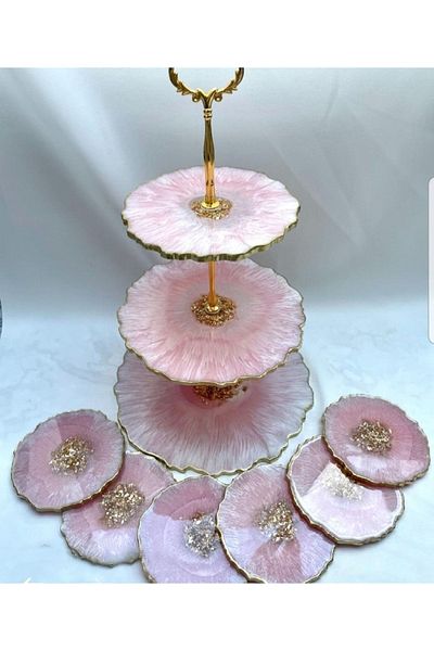 Sultan Tasarım Epoxy Beauty Dowry Set Coasters Presentation Tiered Cookie Holder Tray Set