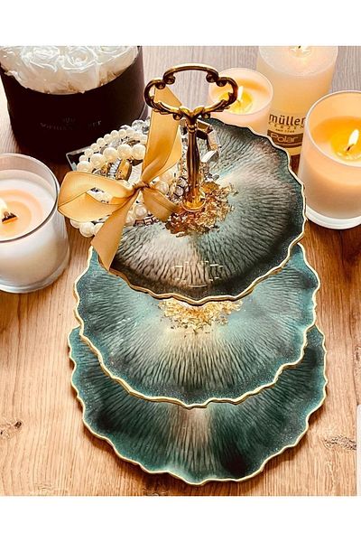 Sultan Tasarım Three Tier Gold Leaf Presentation Cookie Holder Fruit Bowl