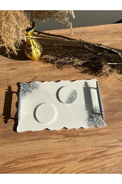 Sultan Tasarım Gümüş Varaklı Dalgalı Iki Kişilik Söz Nişan Damat Epoksi Sunum Tepsisi Ve Yüzük Yükseltici Seti