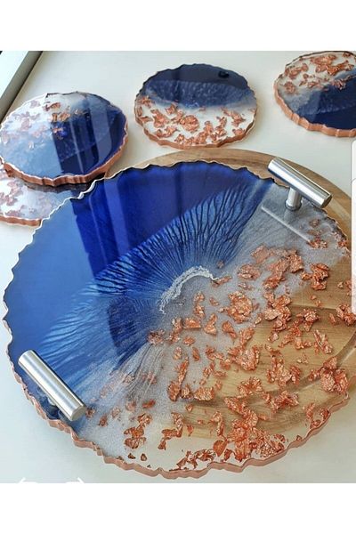 Sultan Tasarım Gold Leaf Round Wavy Patterned Epoxy Tray Coaster Set for Two Promise Engagement Groom