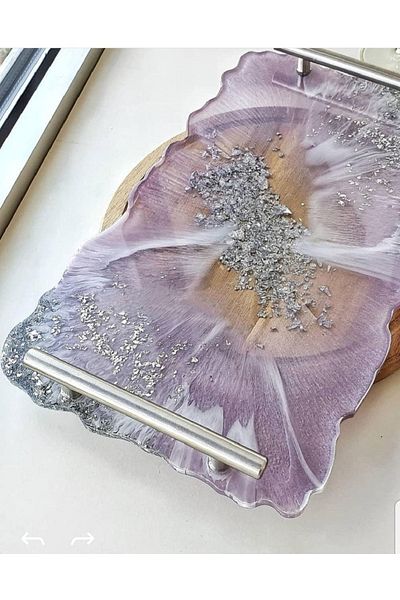 Sultan Tasarım Silver Leaf Rectangular Wavy Patterned Promise Engagement Groom Epoxy Presentation Tray for Two