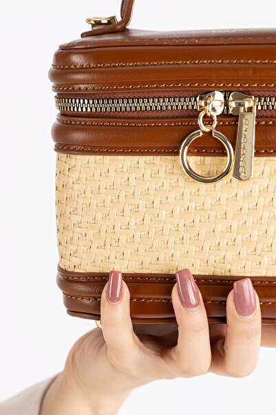 Getcho David Jones Lamora Women's Brown Straw Detailed Handle Handbag Zipper Box Model Cross Strap