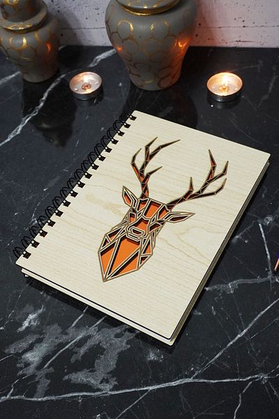 markcat Wooden Covered Deer Figure Notebook - Unlined - Daily Agenda - A5 Memory Book