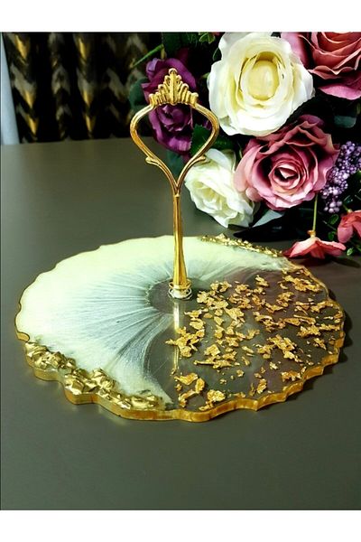 Sultan Tasarım Single Layer Gold Gilded, Mother-of-Pearl Effect, Stoned Presentation, Cookie Holder, Fruit Bowl, 25 Cm