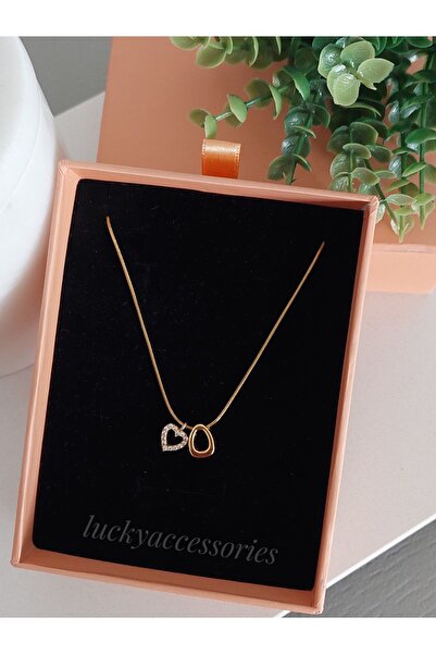 LUCKY ACCESSORIES Çelik Zincir Zirkon Taşlı Kalp Ve Harf Kolye O Harfi