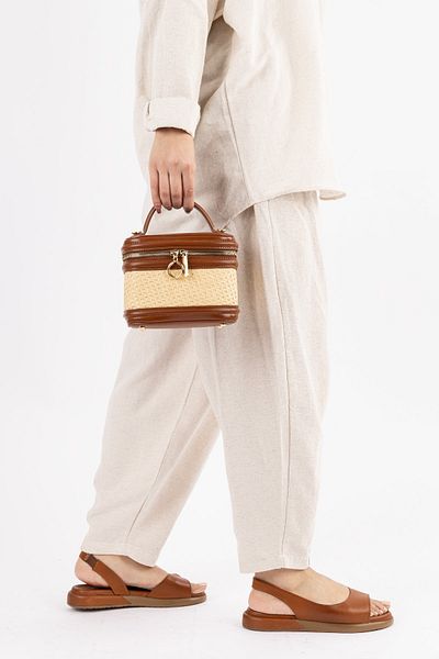 Getcho David Jones Lamora Women's Brown Straw Detailed Handle Handbag Zipper Box Model Cross Strap