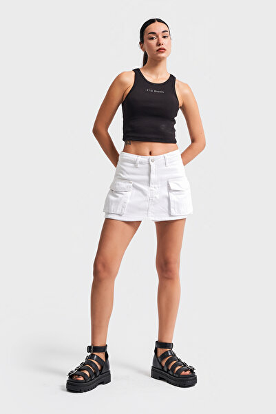 it's basic White Mini Denim Shorts Skirt - Women, Cargo Pocket, Optical Color