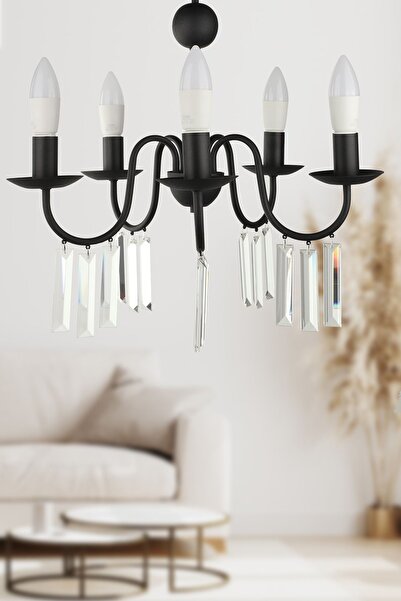 Begüsa Varan 5.Li Taşlı Avize Siyah