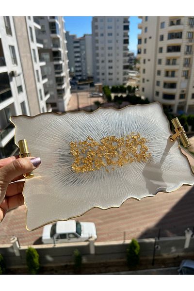 Sultan Tasarım Gold Leaf Rectangular Wavy Patterned Promise Engagement Groom Epoxy Presentation Tray for Two