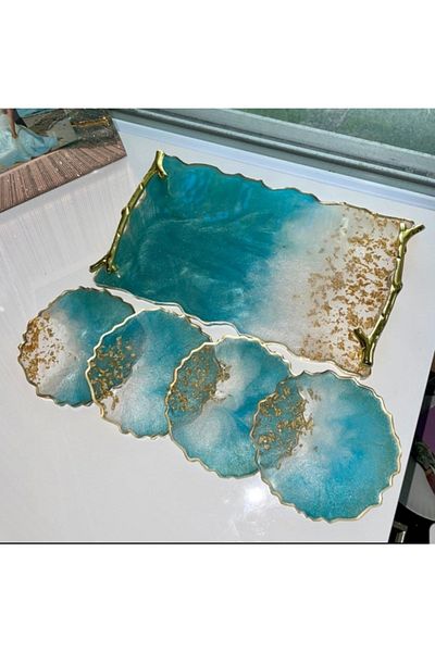 Sultan Tasarım Gold Leaf Wavy Patterned Epoxy Presentation Tray Coaster Set for Two Promise Engagement Groom