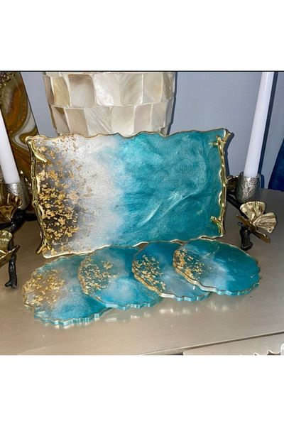Sultan Tasarım Gold Leaf Wavy Patterned Epoxy Presentation Tray Coaster Set for Two Promise Engagement Groom
