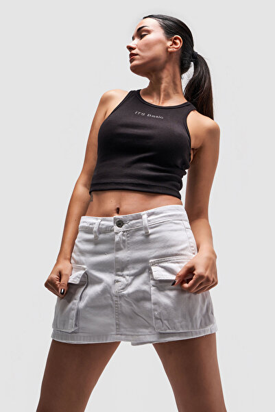 it's basic White Mini Denim Shorts Skirt - Women, Cargo Pocket, Optical Color